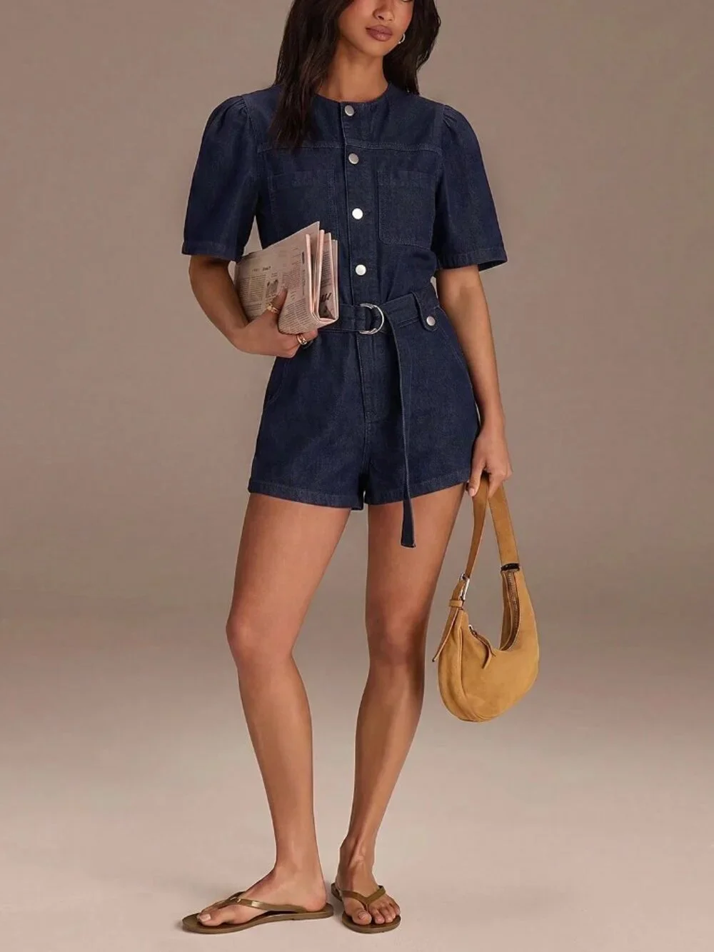 Navy Blue Casual Women's Denim Short Sleeve Jumpsuit romper